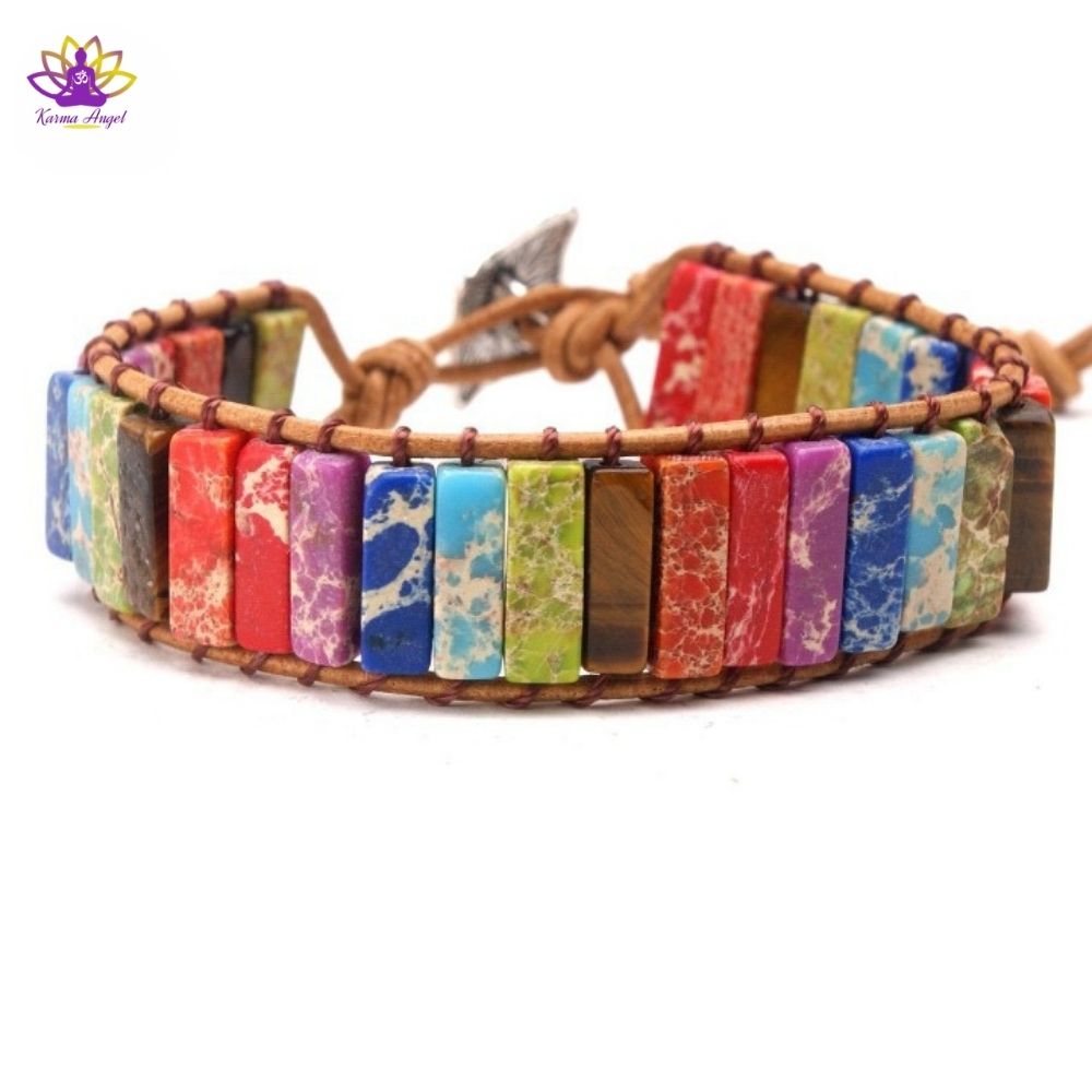 "Protection et équilibre" - Bracelet tressé perles de Chakra en pierre de Jaspe et cuir