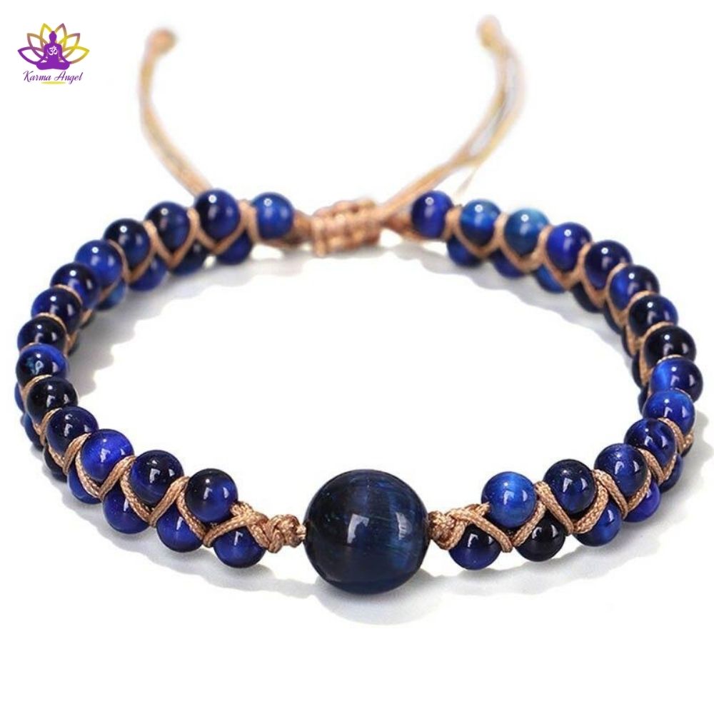Bracelet ethnique Oeil de tigre bleu, ajustable