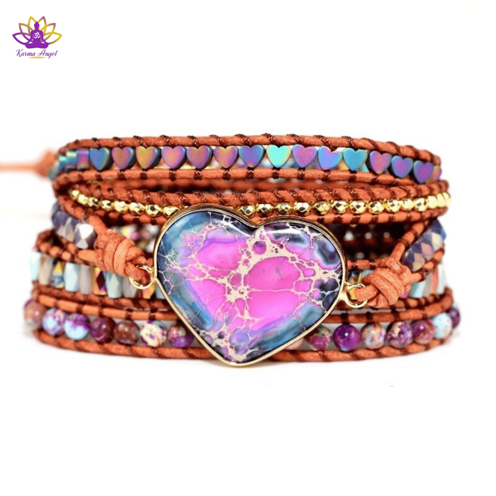"Coeur d'or" - Bracelet boho en pierres naturelles et cuir véritable 