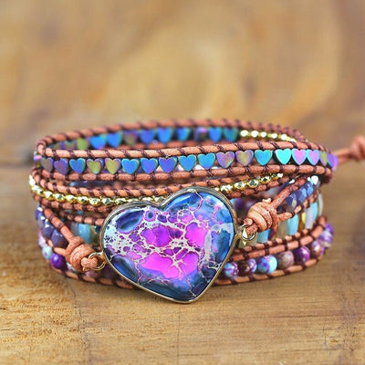 "Coeur d'or" - Bracelet boho en pierres naturelles et cuir véritable
