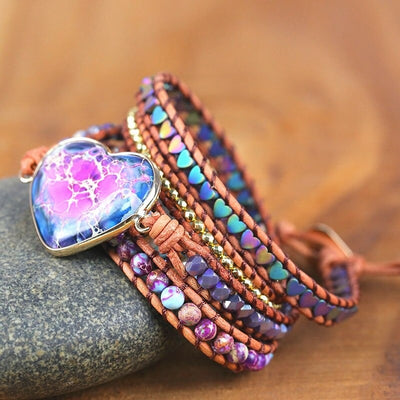 "Coeur d'or" - Bracelet boho en pierres naturelles et cuir véritable