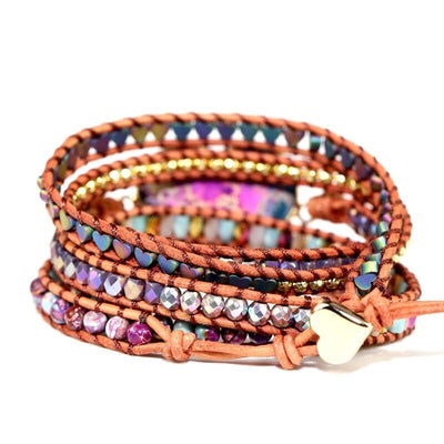 "Coeur d'or" - Bracelet boho en pierres naturelles et cuir véritable