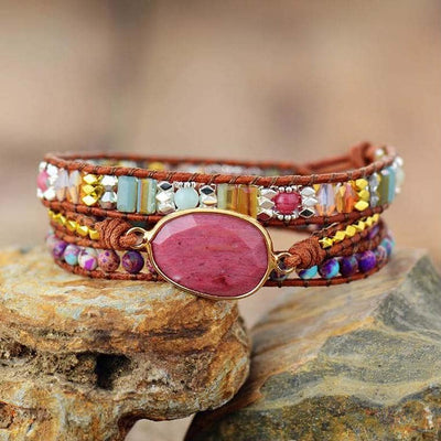 "Paix du cœur" - Bracelet en cuir et pierre naturelles pour femme