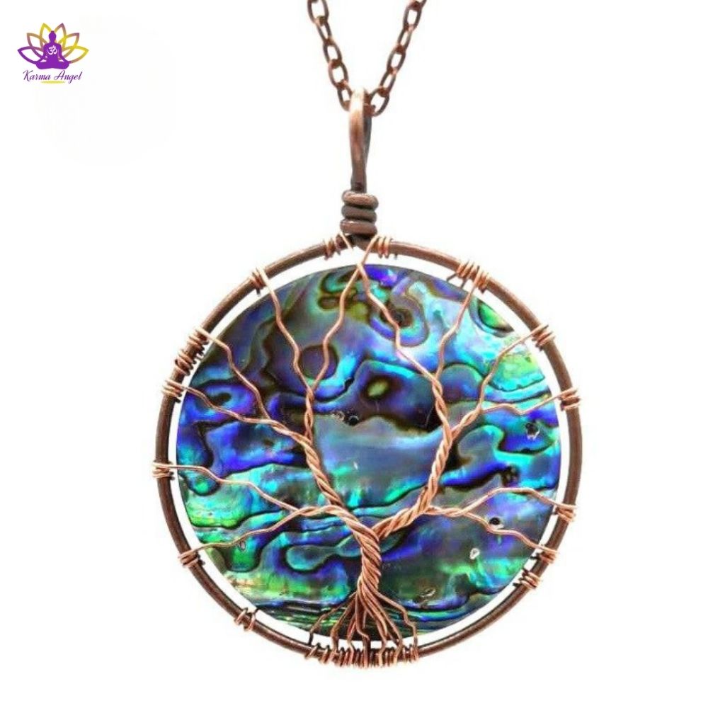 "Esprit sacré" - Collier pendentif arbre de vie coquille d’ormeau cuivré 