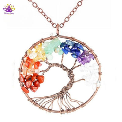 "Paix de l'esprit" - Collier pendentif 7 chakras arbre de vie cuivré