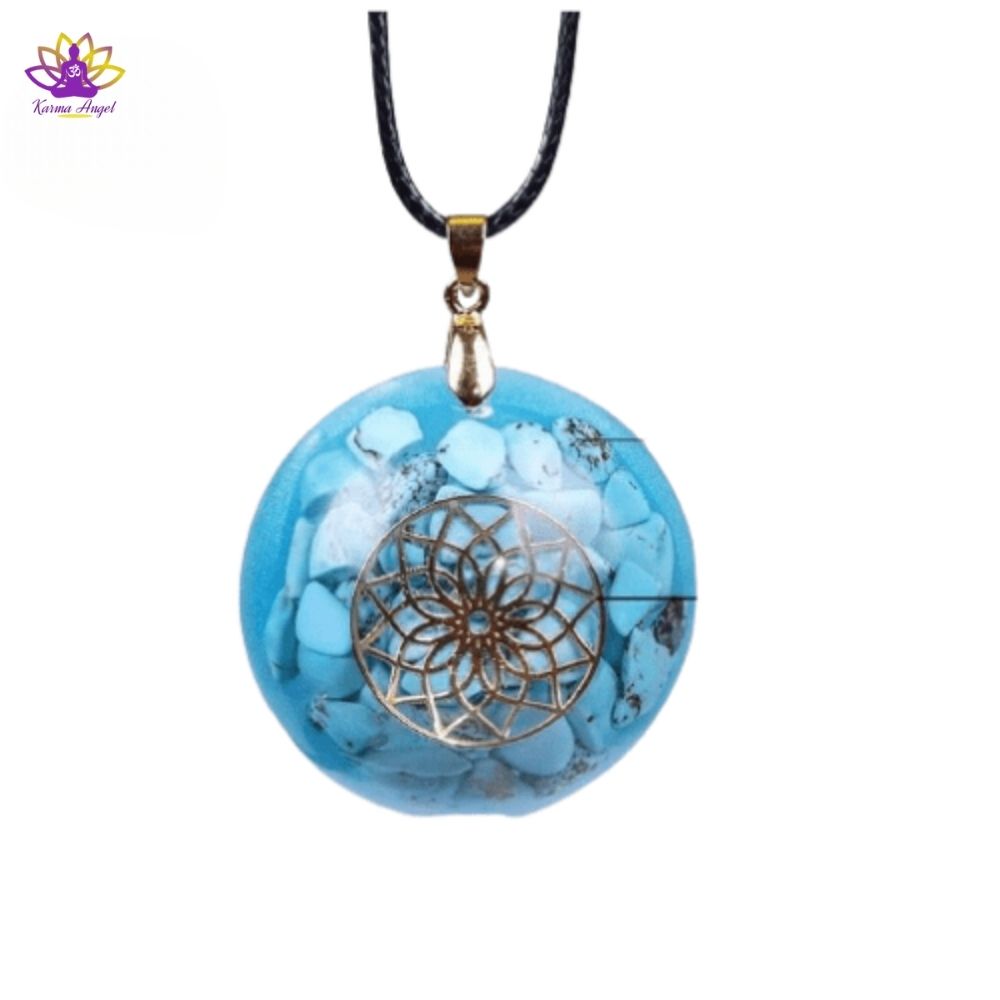 "Émotions positives" - Collier pendentif turquoise fleur de vie en orgonite 