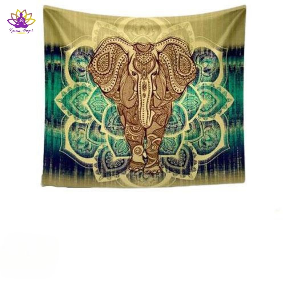 "Transformation guidée" - Tapisserie murale mandala éléphant sacré et son lotus 