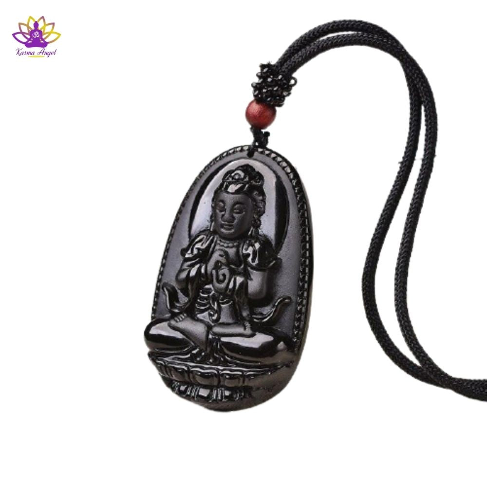 Collier amulette bouddha sculptée en obsidienne 