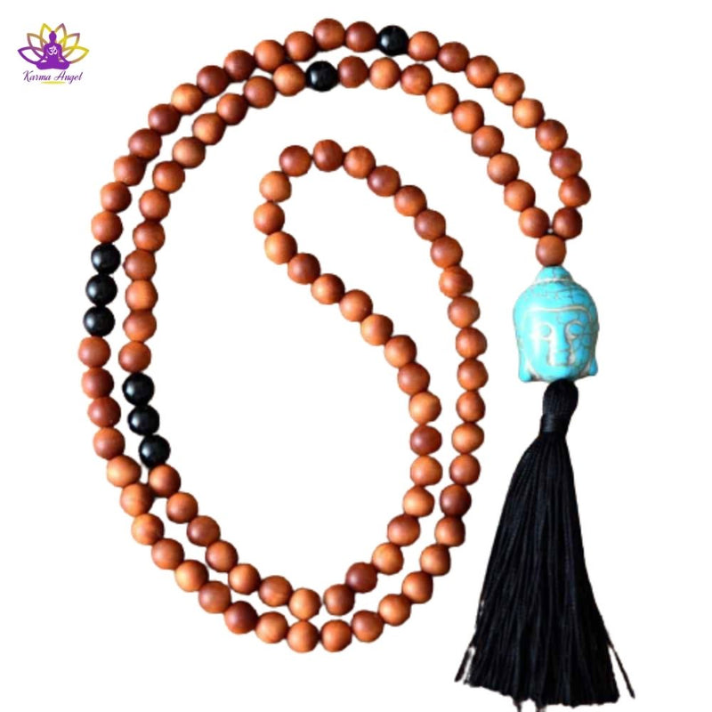 Collier Mala traditionnel en bois et tête de bouddha