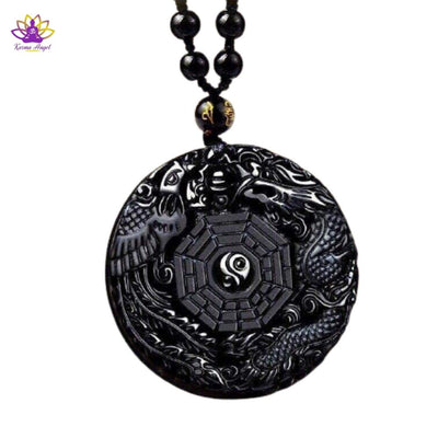 Collier d’énergie dragon et phénix en obsidienne noire