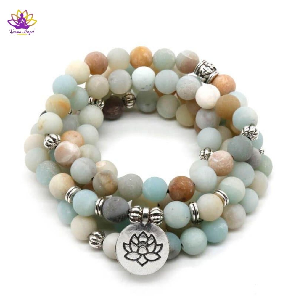 Bracelet Mala Lotus 108 perles en amazonite givré 