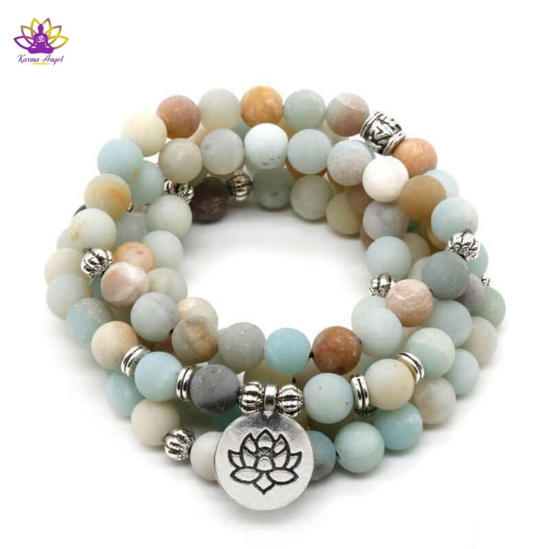 Bracelet Mala Lotus 108 perles en amazonite givré