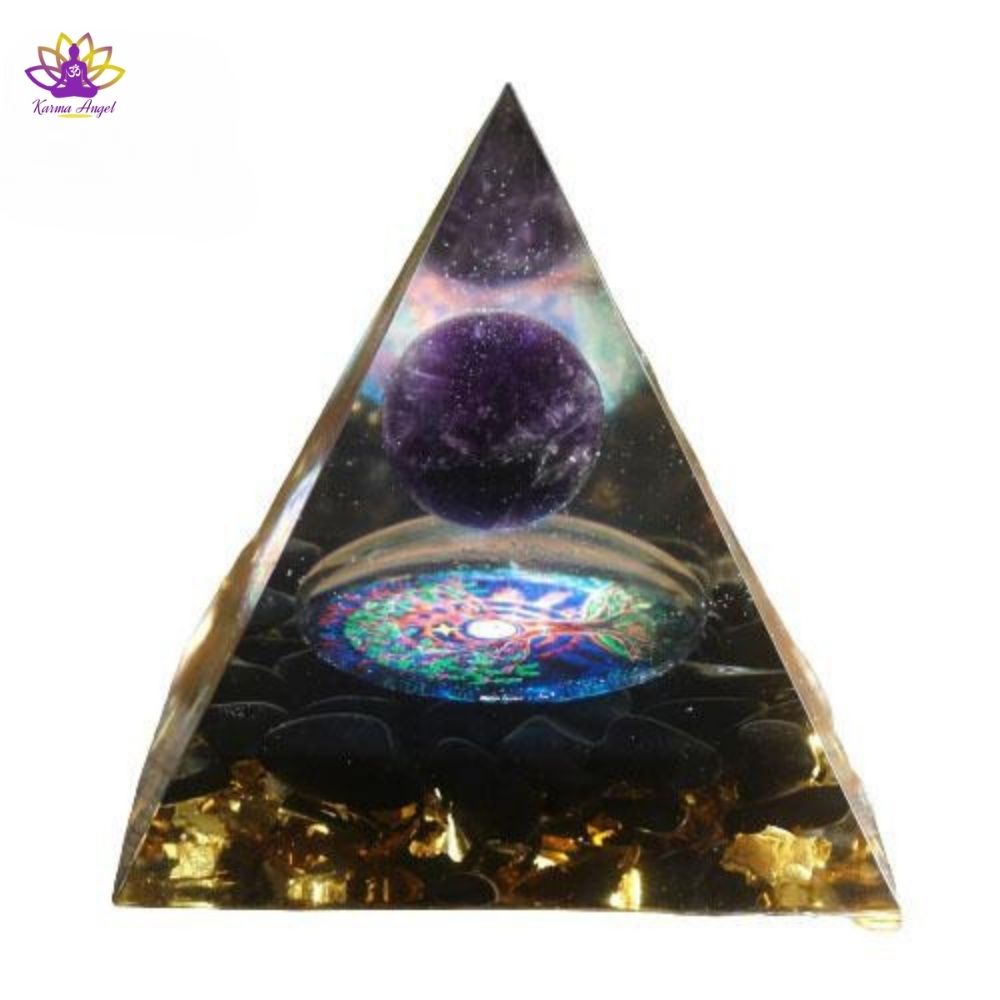 "Vibrations supérieures" - Pyramide améthyste et obsidienne en orgonite 