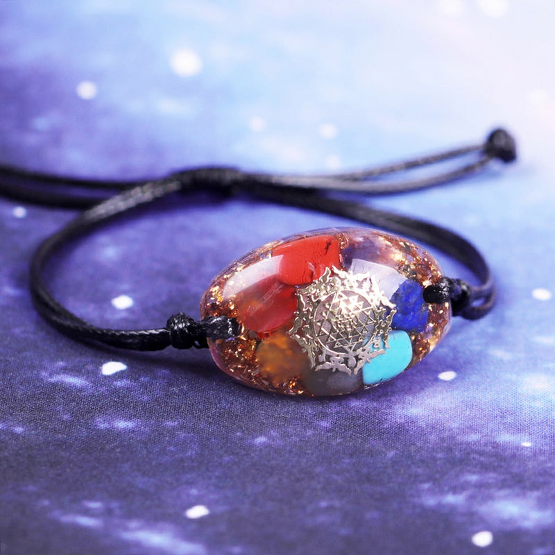Bracelet 7 chakras en orgonite, ajustable avec cordon en cuir