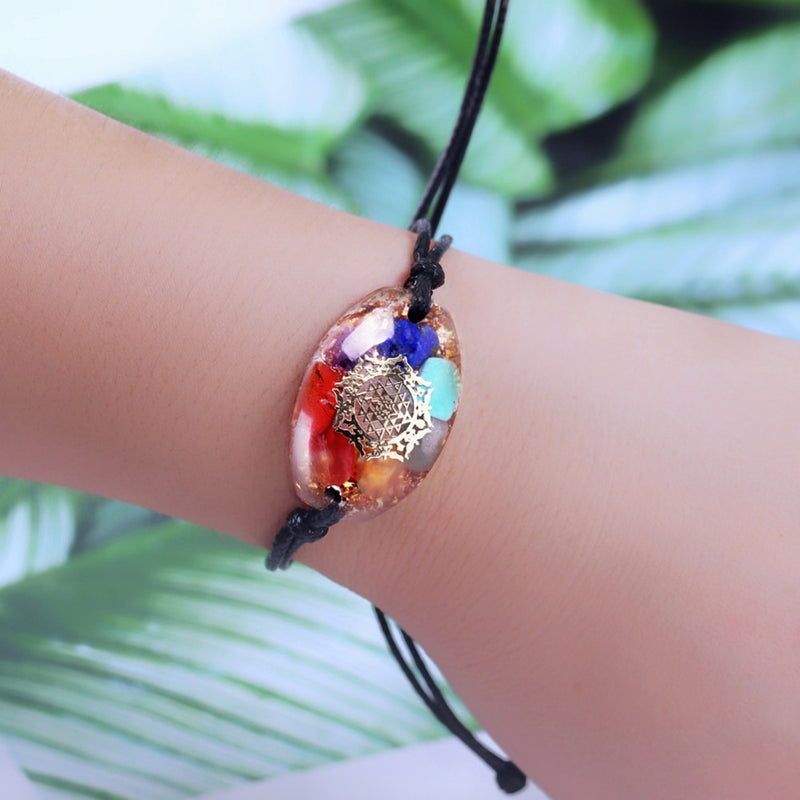 Bracelet 7 chakras en orgonite, ajustable avec cordon en cuir