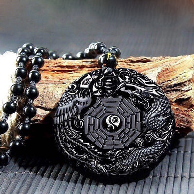 Collier d’énergie dragon et phénix en obsidienne noire