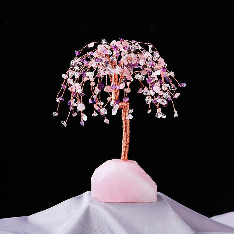 Grand arbre Feng Shui cristal et base en quartz rose