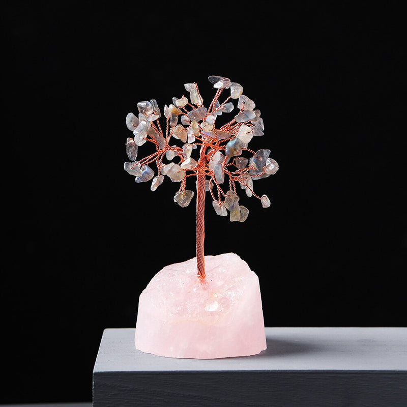 Arbre de vie cristal labradorite et base quartz rose