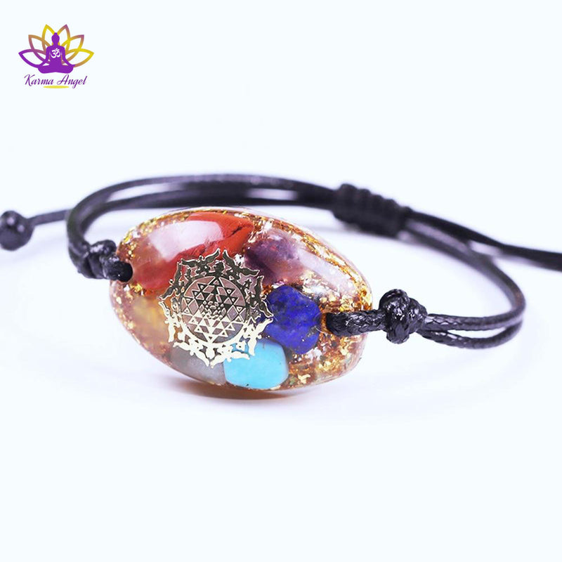 Bracelet 7 chakras en orgonite, ajustable avec cordon en cuir