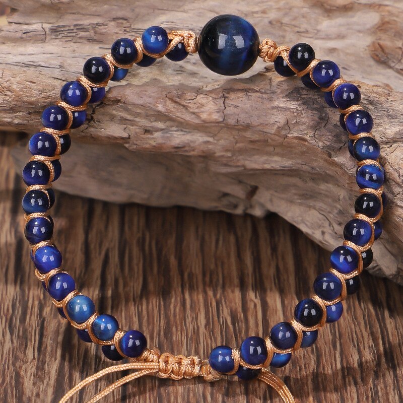Bracelet ethnique Oeil de tigre bleu, ajustable