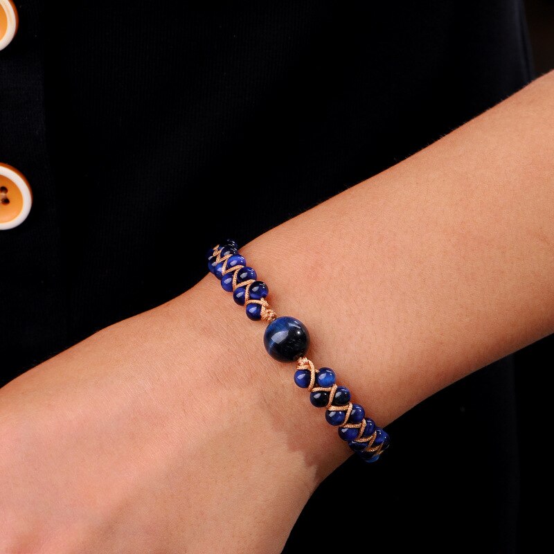 Bracelet ethnique Oeil de tigre bleu, ajustable