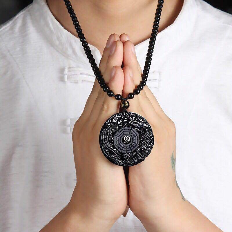 Collier d’énergie dragon et phénix en obsidienne noire