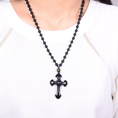 Collier pendentif croix en obsidienne noire naturelle