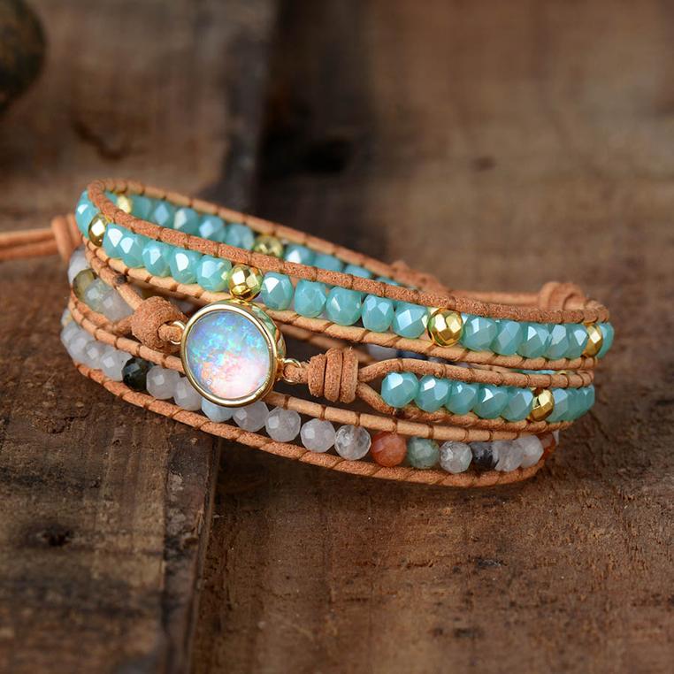 "Pure loyauté" - Bracelet femme chic en cuir et pierres naturelles