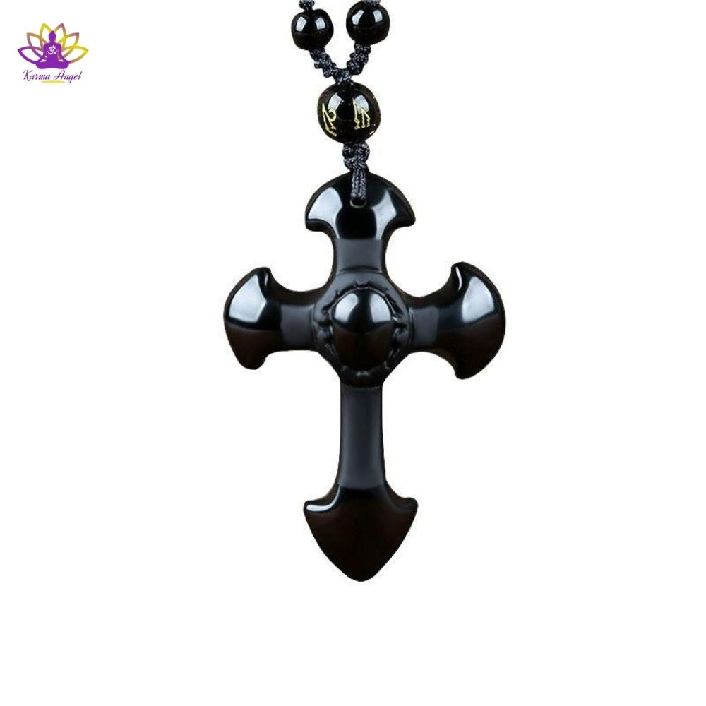 Collier pendentif croix en obsidienne noire naturelle 