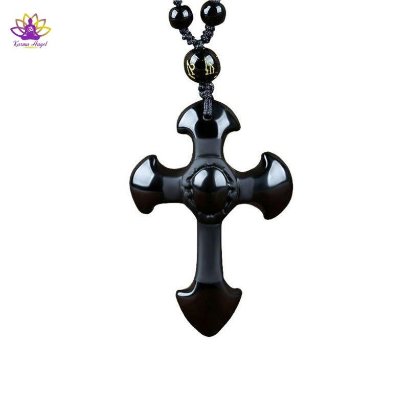 Collier pendentif croix en obsidienne noire naturelle